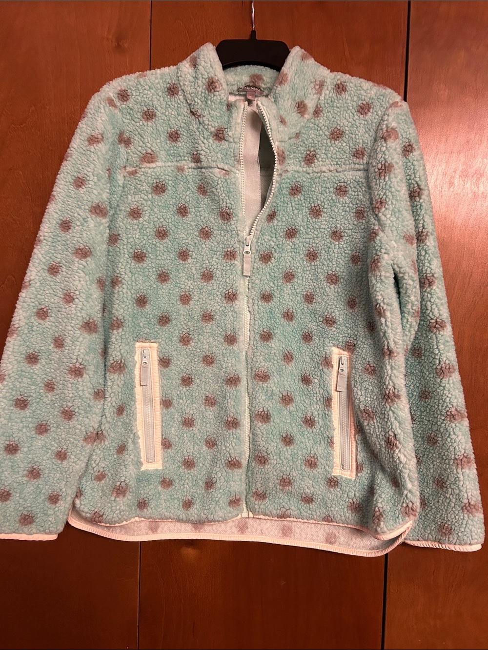 T by Talbots Mint Green Teddy Jacket with Brown Polka Dots